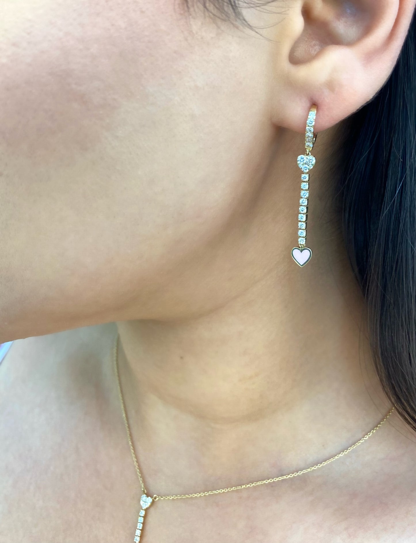 Sparkling Enamel Heart Long Diamond Hoops Drop Earrings