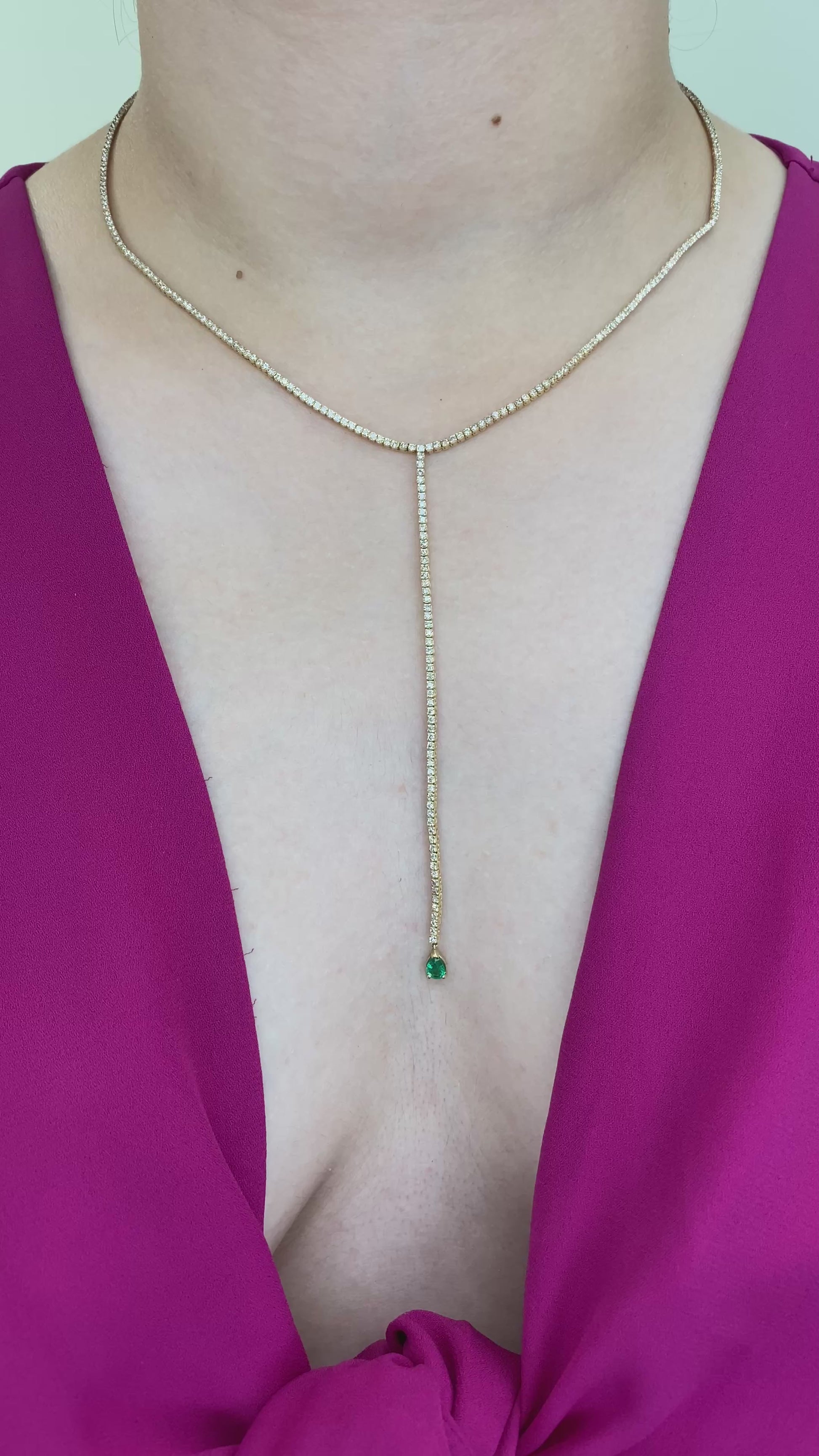 14K yellow gold diamond tennis necklace, lariat tennis necklace, trendy natural diamond and emerald tennis necklace, fashion jewelry, bridal jewelry, dainty diamond necklace, solid yellow gold diamond necklace. Green emerald diamond necklace.