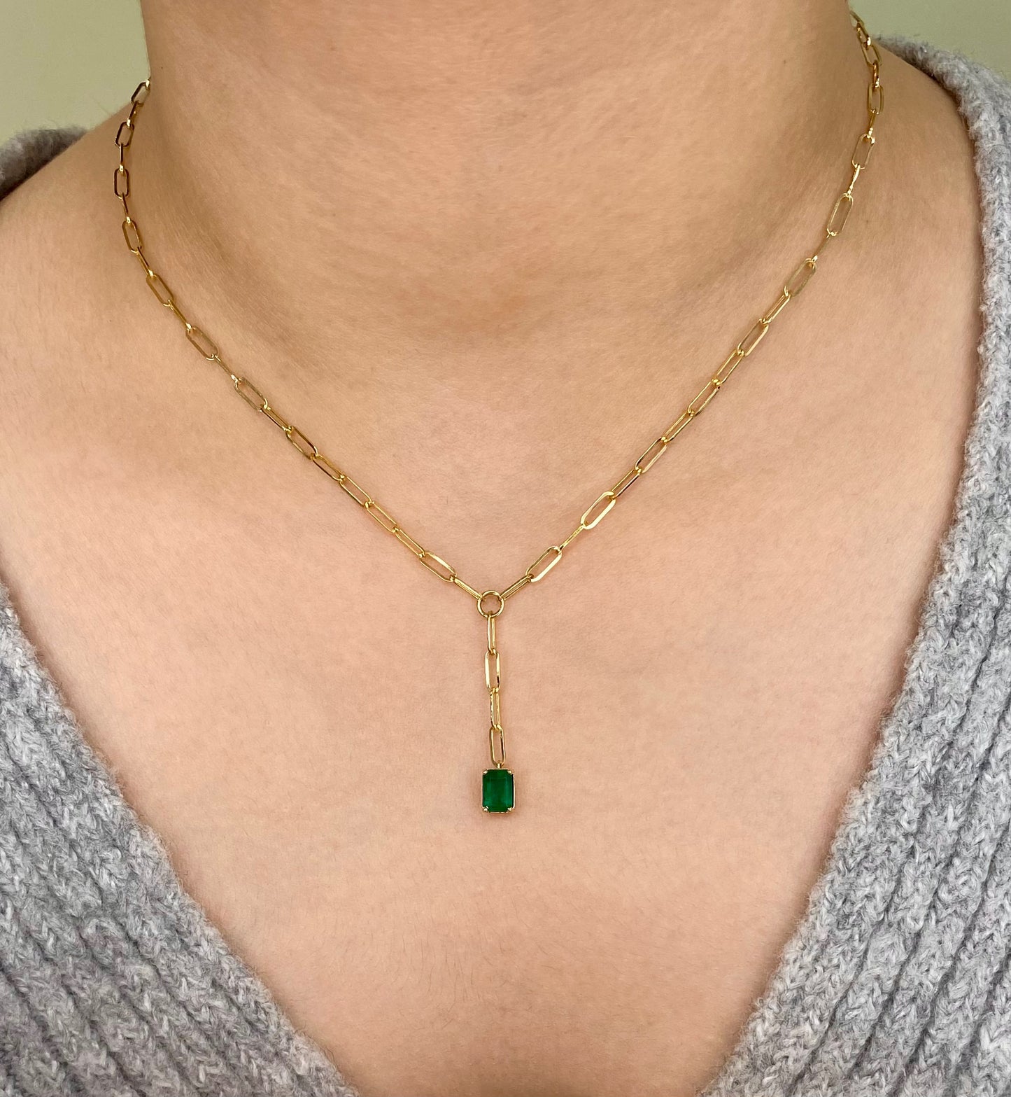 14K Yellow Gold Natural Emerald Gemstone Paperclip Lariat Necklace