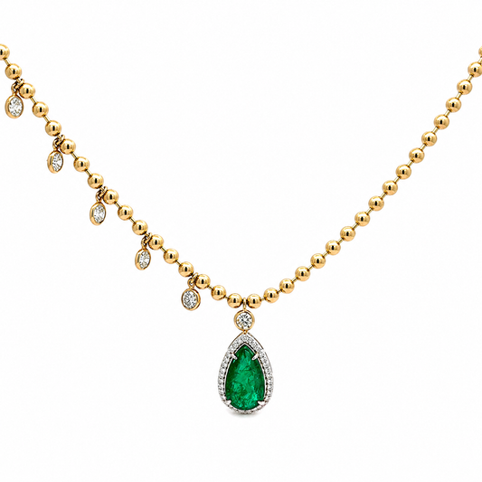 14K Solid Yellow Gold Beaded Chain with Pear Shaped Green Emerald and Dangling Diamonds