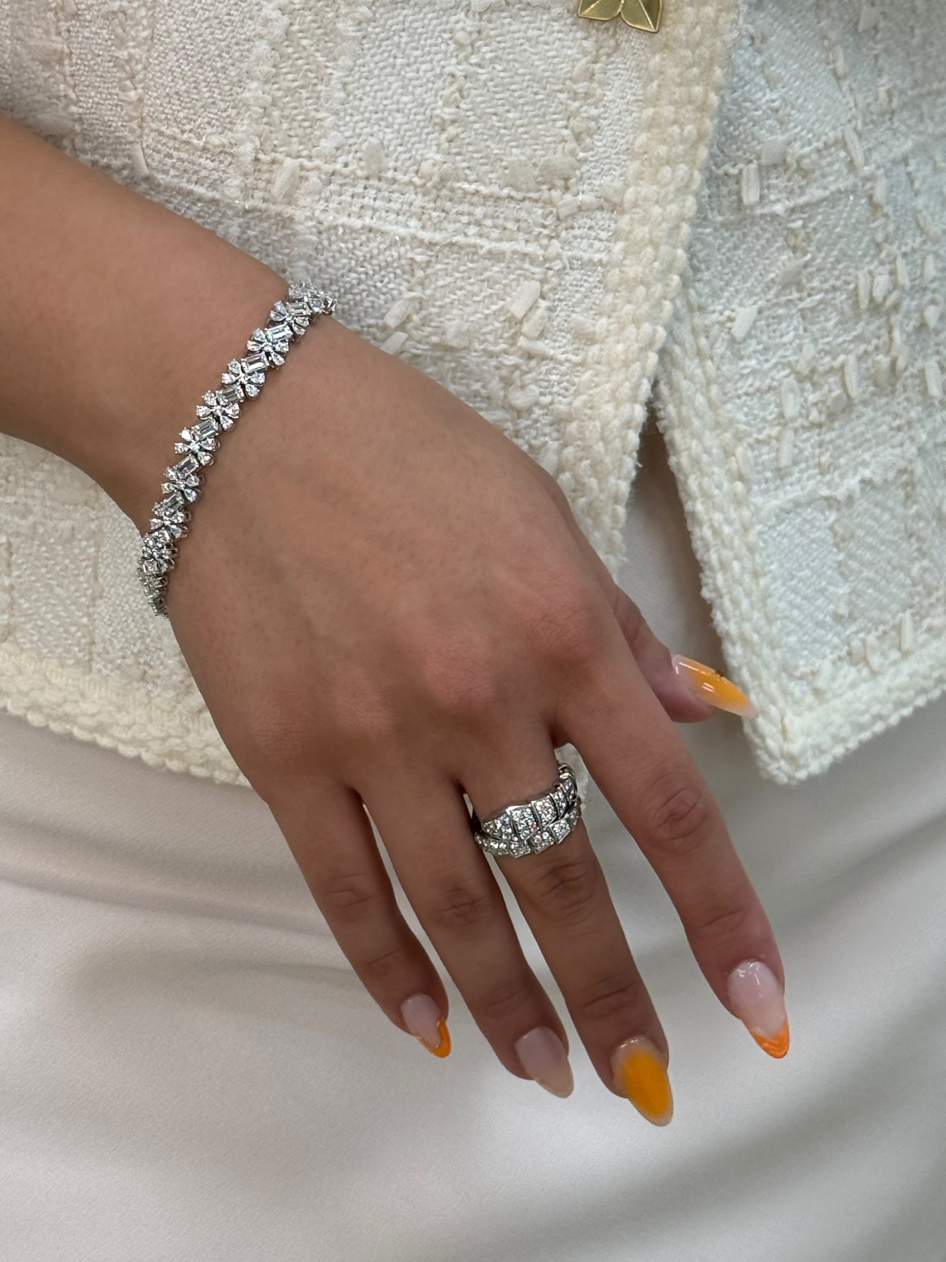 14K Solid White Gold Lab Grown Diamond Emerald Cut, Pear Shaped and Round Cluster Bracelet 