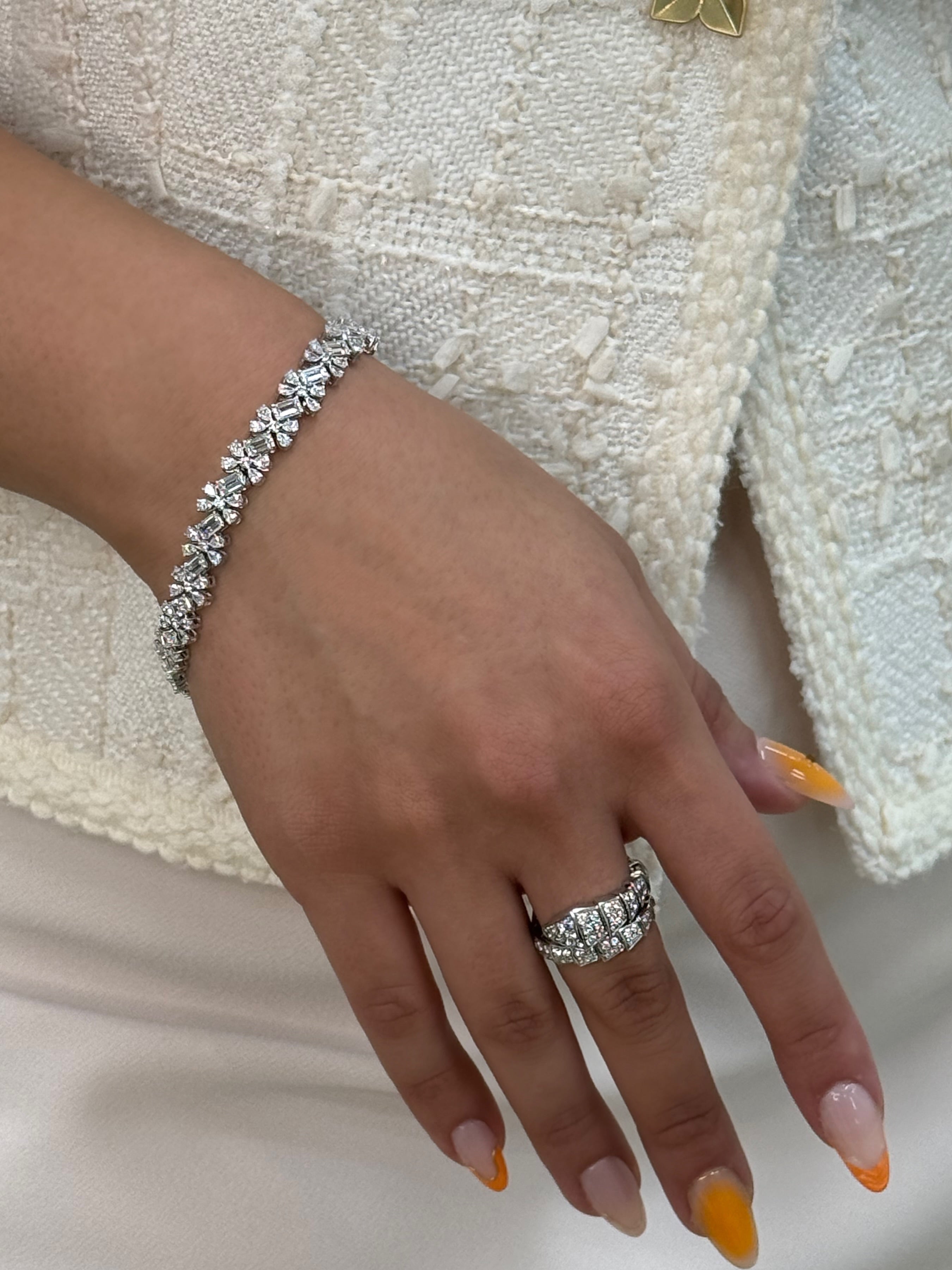 14K Solid White Gold Lab Grown Diamond Emerald Cut, Pear Shaped and Round Cluster Bracelet 