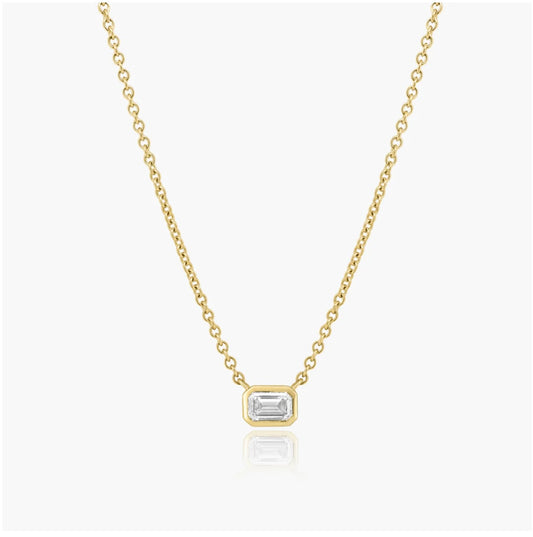 14K Gold Dainty Emerald Cut Diamond Bezel Setting Necklace, 14K yellow Gold Necklace, 14K yellow Gold pendant Necklace, Natural Emerald Diamond pendant, bezel setting emerald diamond necklace, trendy diamond necklace. Daily diamond necklace. 