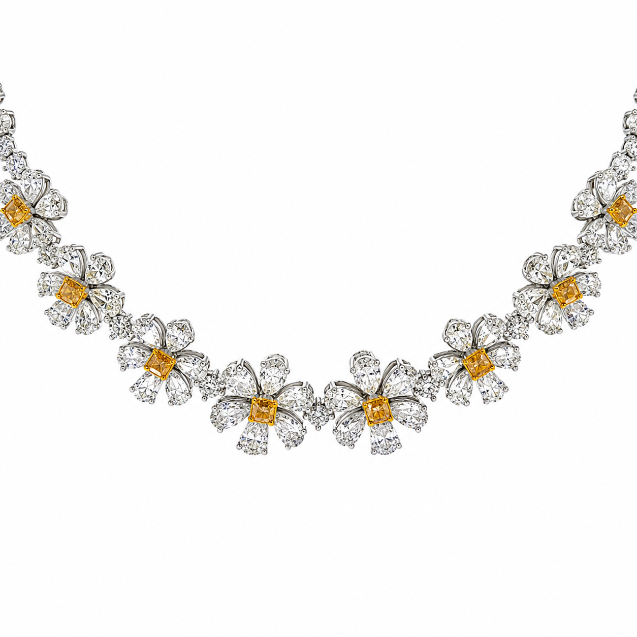 18K Solid White Gold Fancy Yellow and White Diamond Flower Necklace