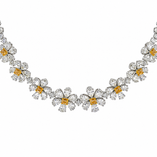 18K Solid White Gold Fancy Yellow and White Diamond Flower Necklace