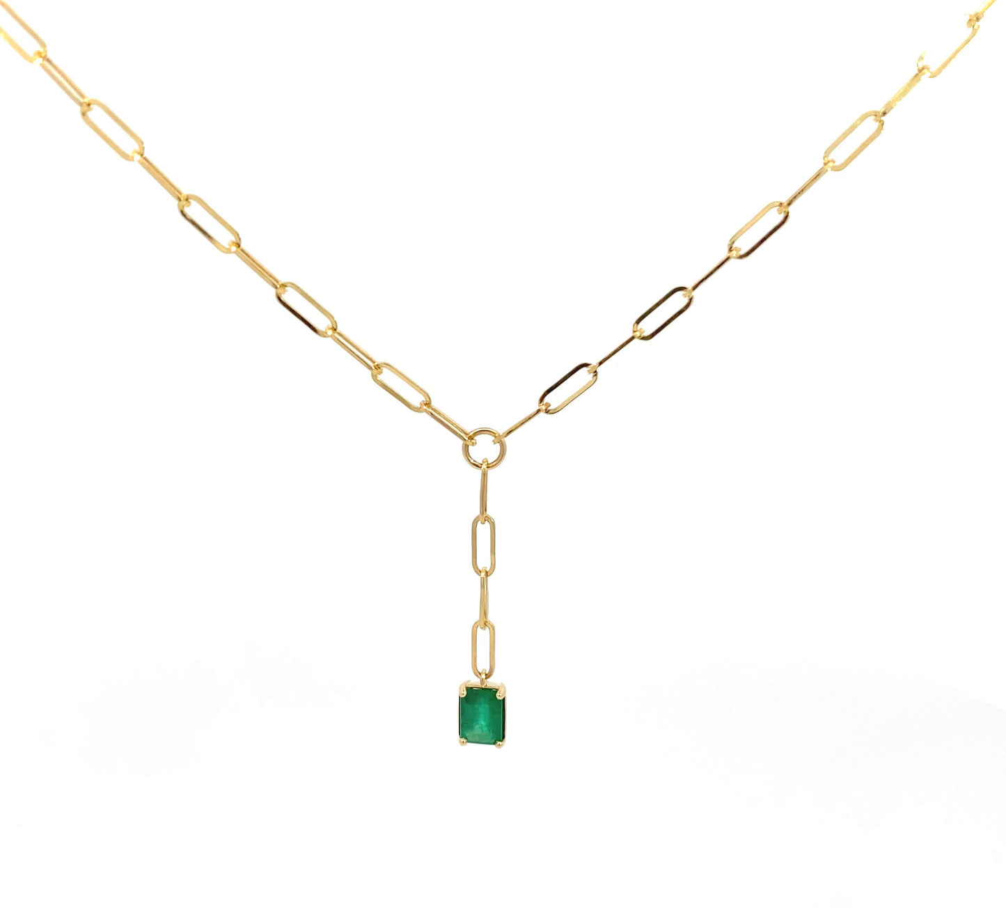 14K Yellow Gold Natural Emerald Gemstone Paperclip Lariat Necklace