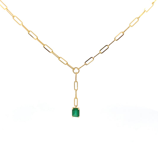 14K Yellow Gold Natural Emerald Gemstone Paperclip Lariat Necklace