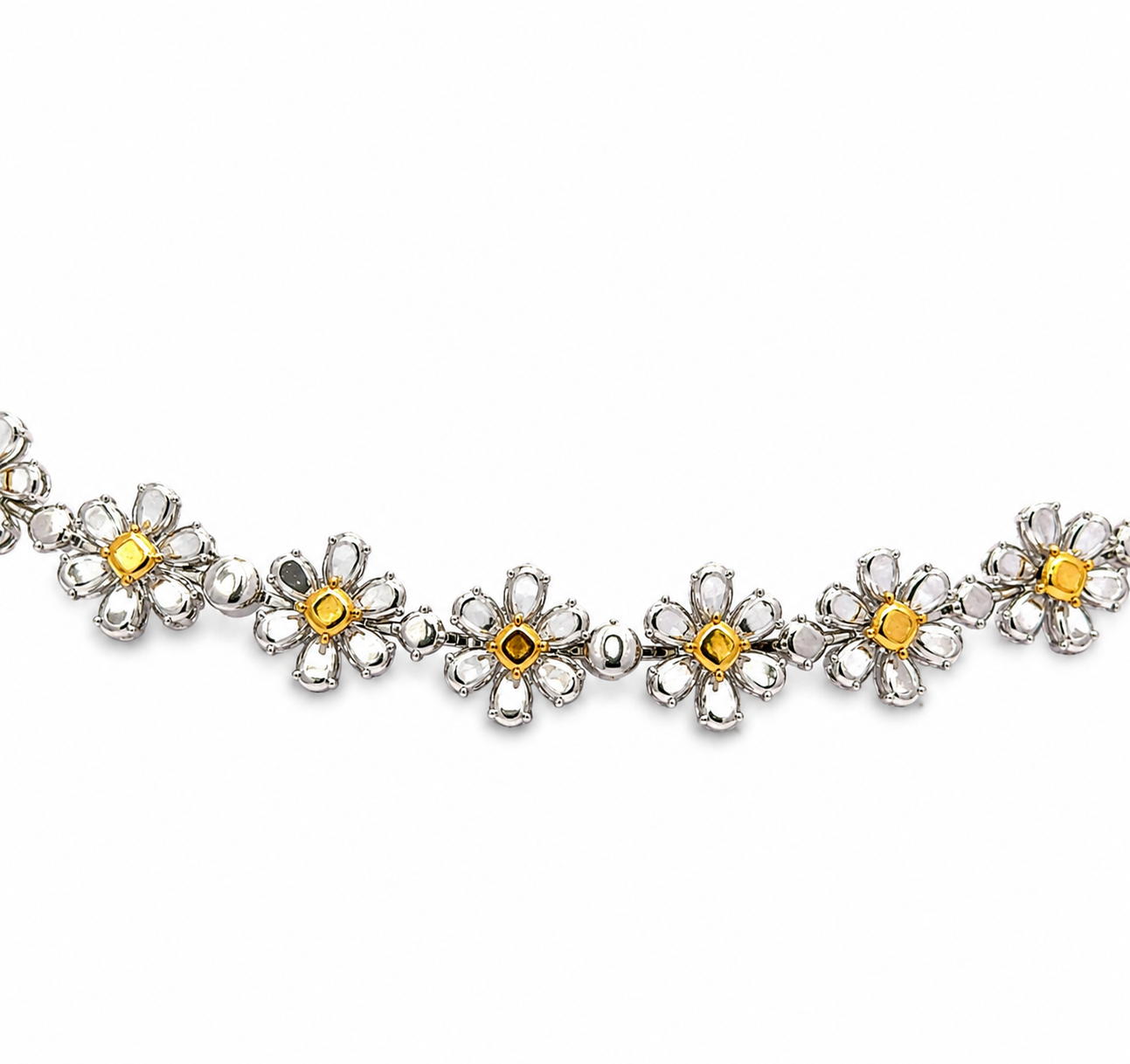 18K Solid White Gold Fancy Yellow and White Diamond Flower Necklace