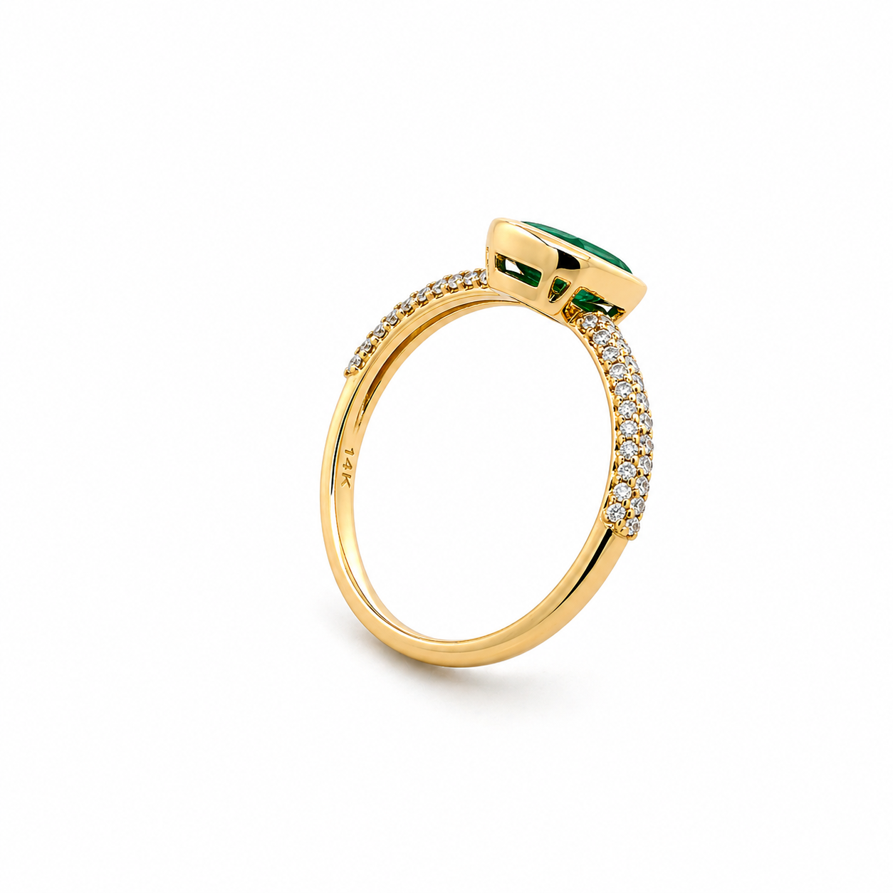 14K Solid Yellow Gold Green Emerald and Diamond Ring