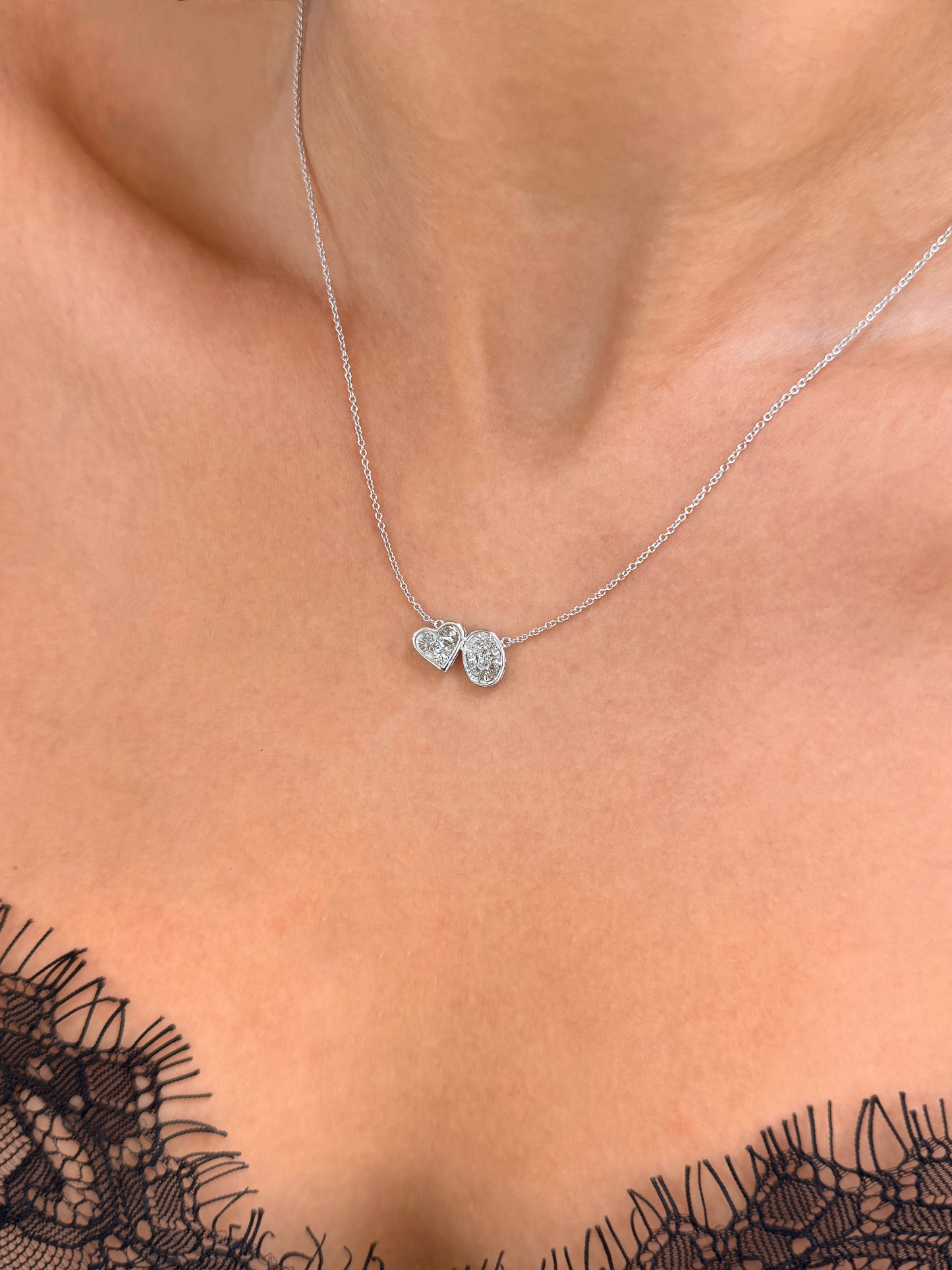 14K Solid White Gold Chain with Oval and Heart shape Baguette Diamond Pendant