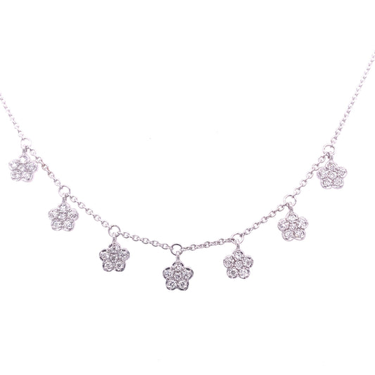 Trendy 18k white gold necklace with dangling diamond flowers