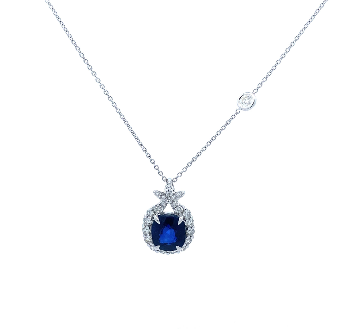 18K White Gold Blue Sapphire and Diamond Pendant Chain Necklace