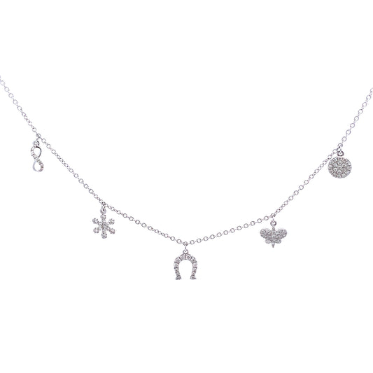 18K White Gold Chain Necklace with Dangling Diamond Charms