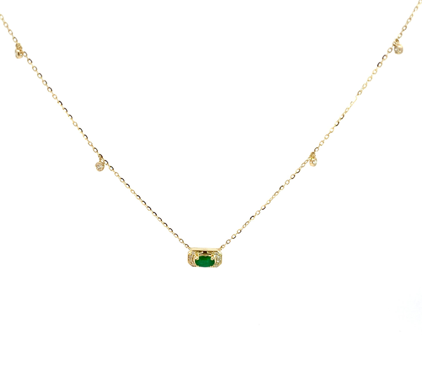 14K Yellow Gold Dangling Diamond & Emerald Gemstones Dainty Necklace