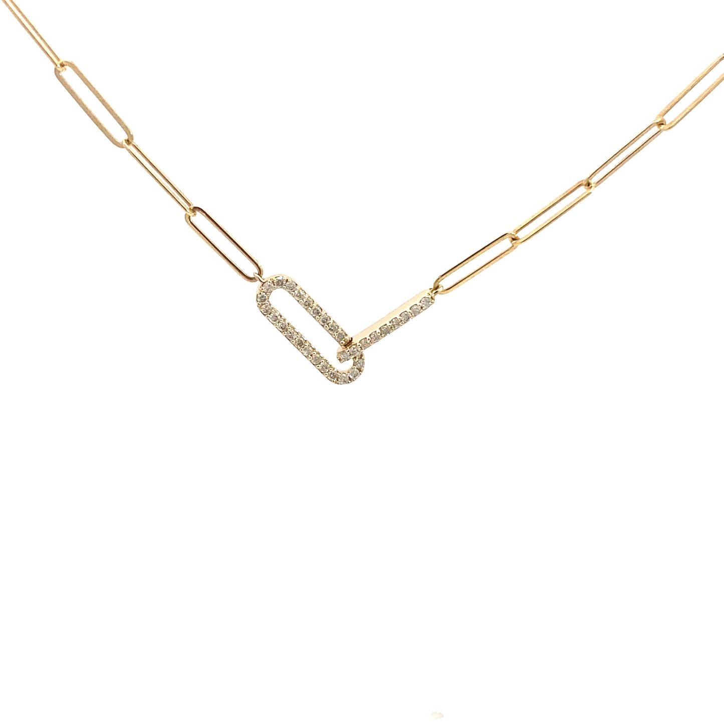14k Yellow Gold Diamond Paperclip Pendant Necklace, trendy Natural Diamond Paperclip Necklace.