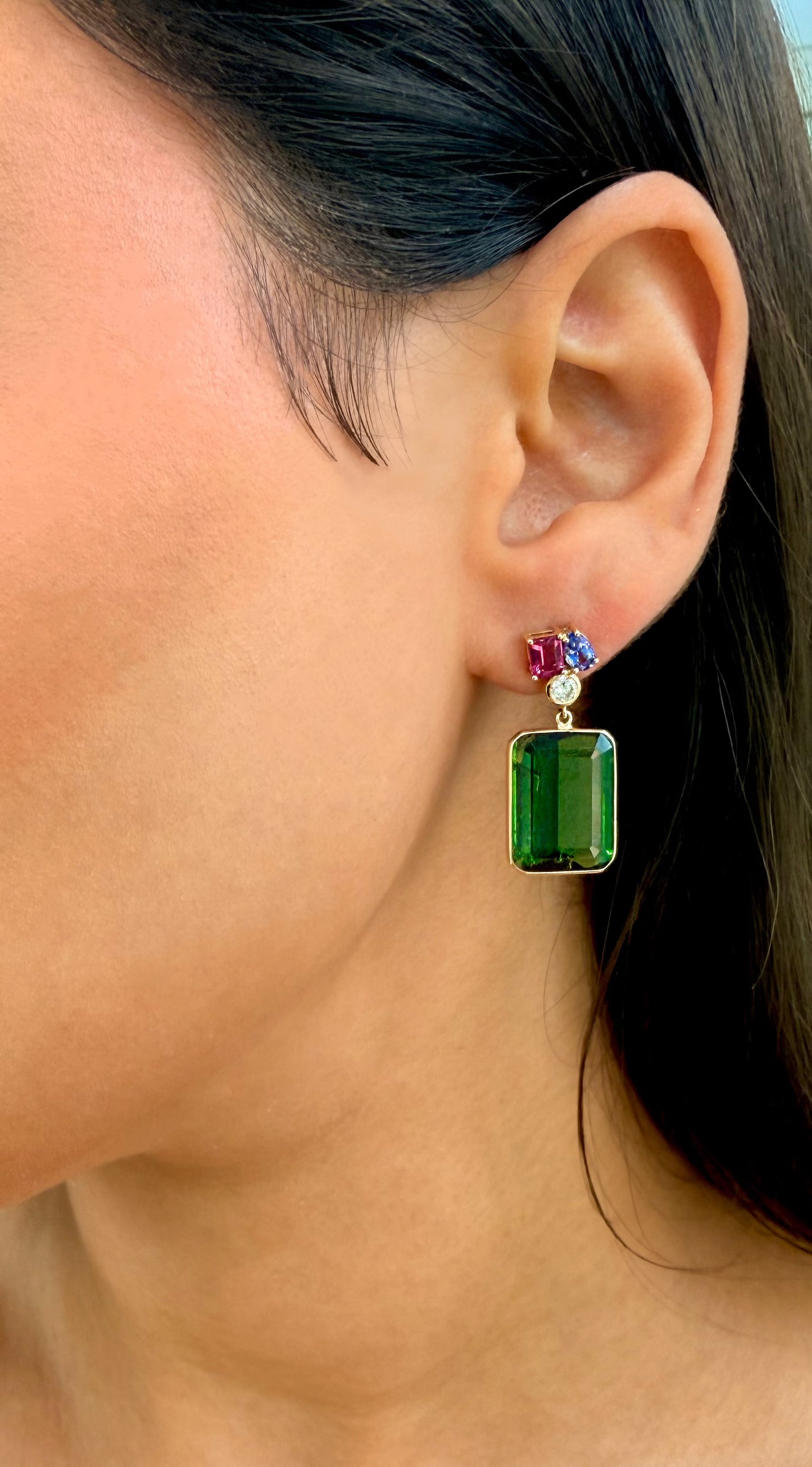 Fancy 14K Yellow Gold Tourmaline and Diamond Drop Earrings