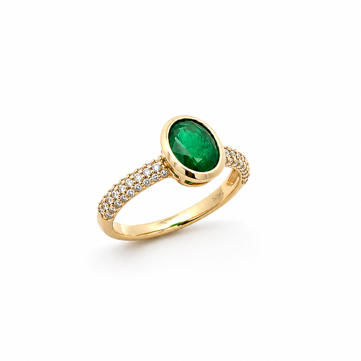 14K Solid Yellow Gold Green Emerald and Diamond Ring