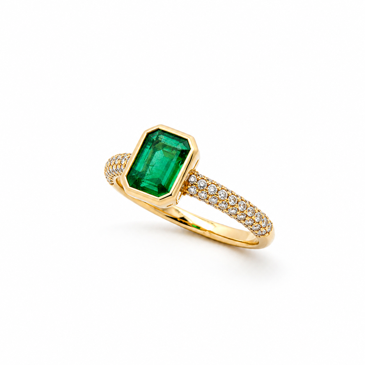 14K Solid Yellow Gold Green Emerald and Diamond Ring