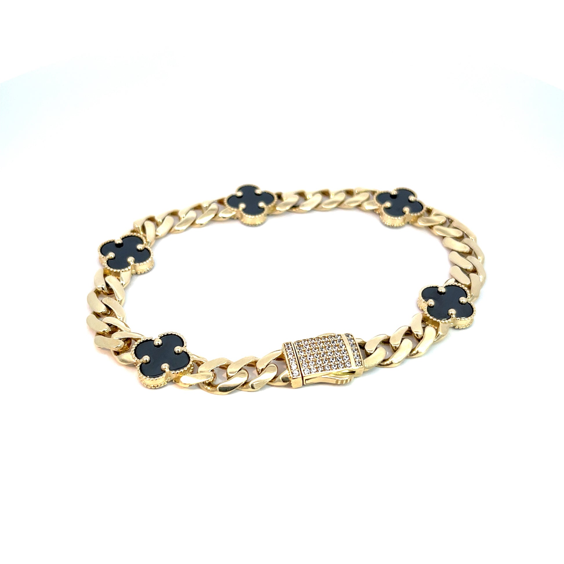 14K Yellow Gold Cuban Chain Black Clover Bracelet/ Cuban chain/ Cuban chain bracelet with diamonds/ Miami Cuban chain with diamonds and clovers/ black clover bracelet/ black clover Cuban bracelets/ white clover bracelet/ 