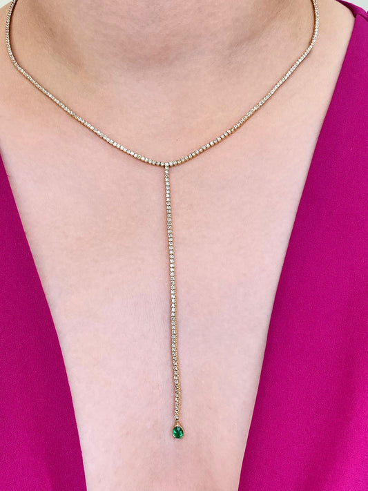 14K yellow gold diamond tennis necklace, lariat tennis necklace, trendy natural diamond and emerald tennis necklace, fashion jewelry, bridal jewelry, dainty diamond necklace, solid yellow gold diamond necklace. Green emerald diamond necklace.