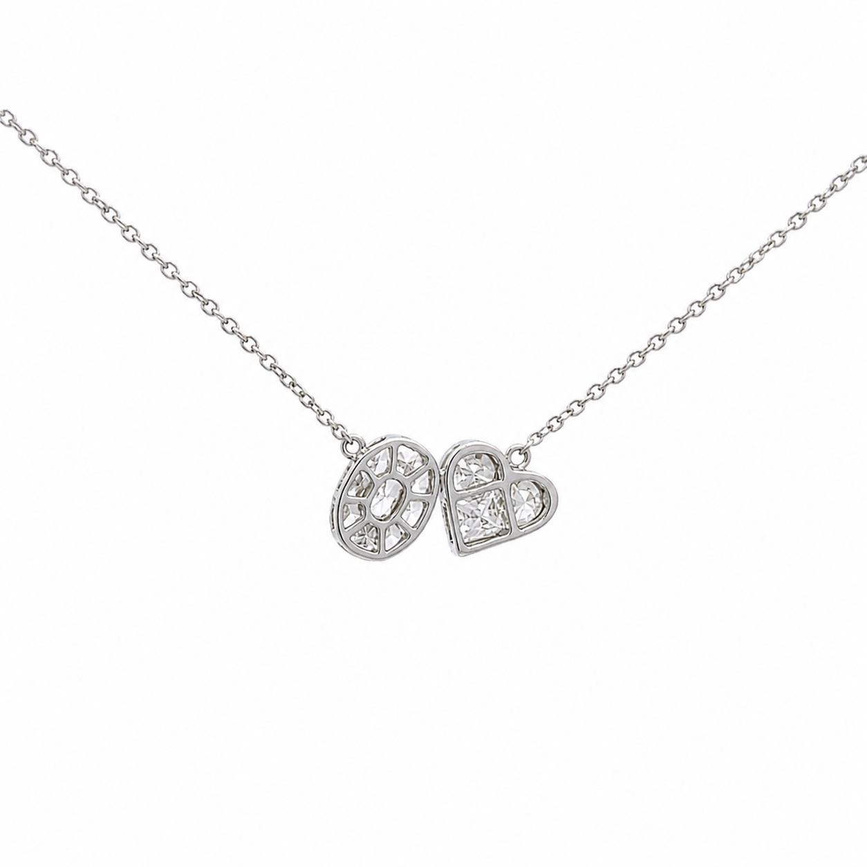 14K Solid White Gold Chain with Oval and Heart shape Baguette Diamond Pendant