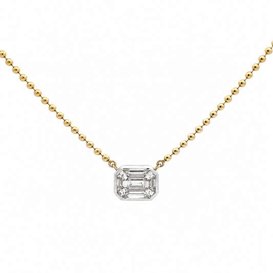 14K Solid Yellow Gold Beaded Chain with Baguette Diamond Pendant