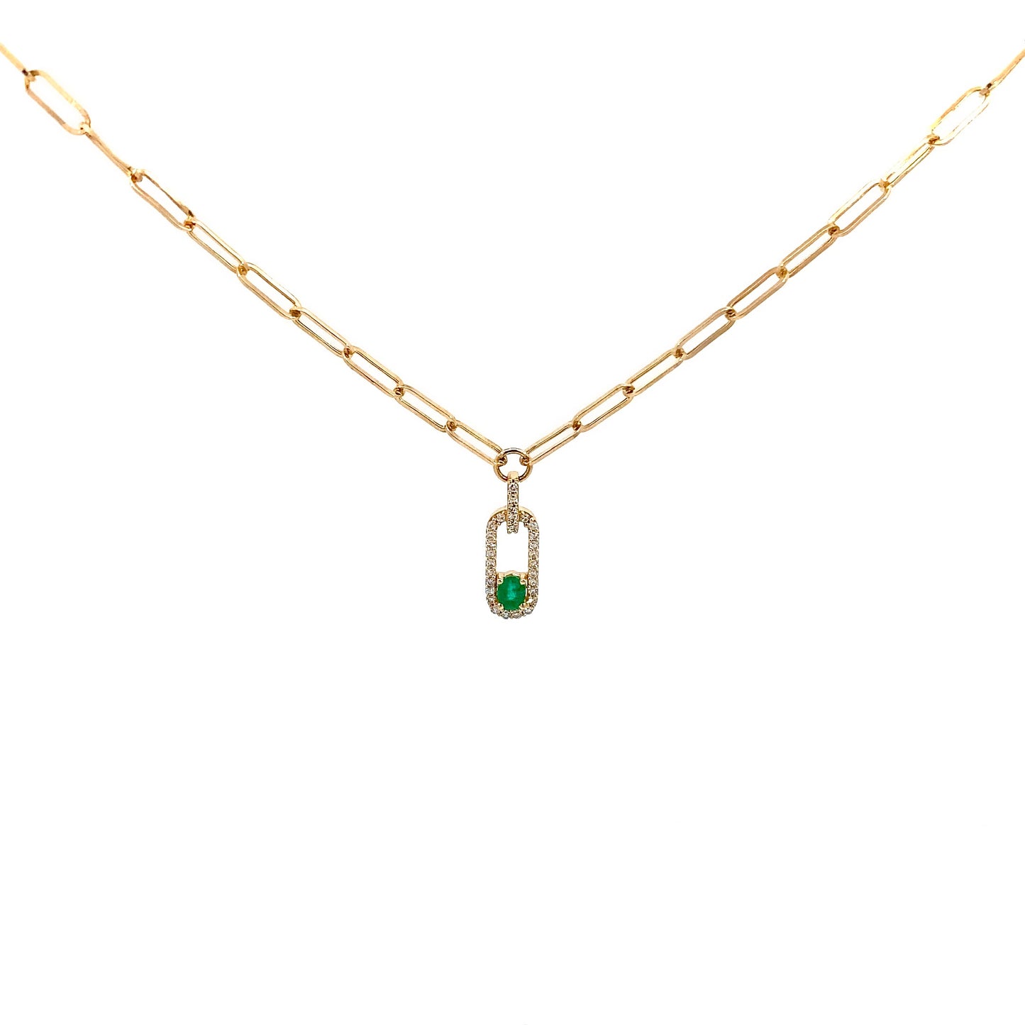 Trendy Diamond and Emerald Paperclip Necklace