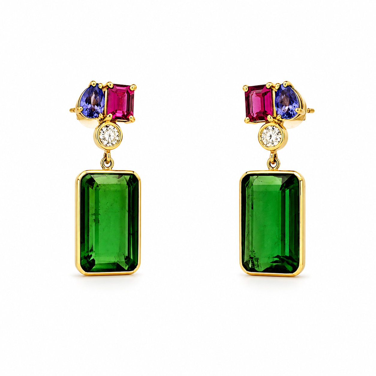 Fancy 14K Yellow Gold Tourmaline and Diamond Drop Earrings