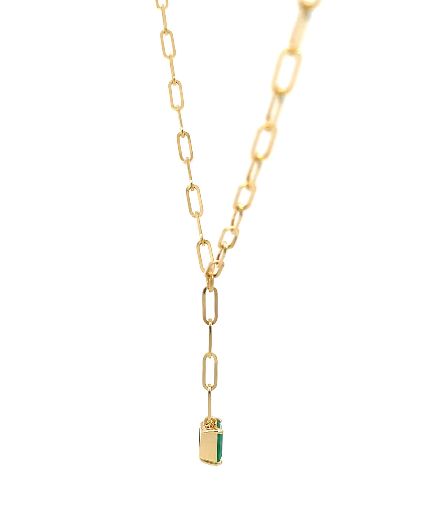 14K Yellow Gold Natural Emerald Gemstone Paperclip Lariat Necklace