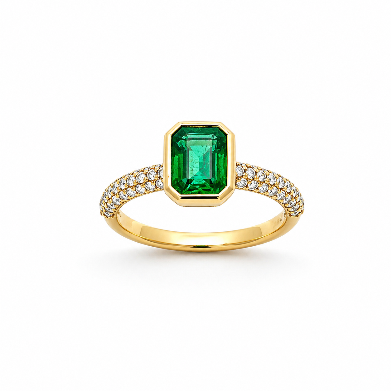 14K Solid Yellow Gold Green Emerald and Diamond Ring