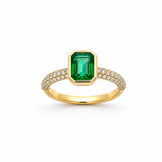 14K Solid Yellow Gold Green Emerald and Diamond Ring