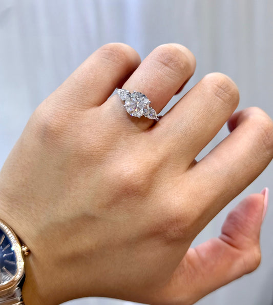 3.70CT Round Brilliant and Pear Shaped IGI Certified Lab-Grown Diamond 3 Stone Engagement Ring