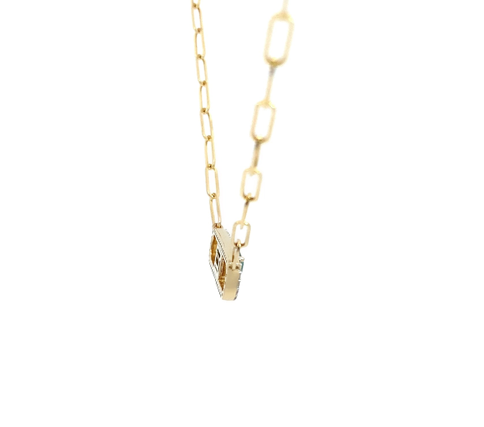 14K Solid Yellow Gold necklace with a green Emerald and diamond gemstone pendant on a white background. Trendy 14K yellow gold Paperclip necklace. 