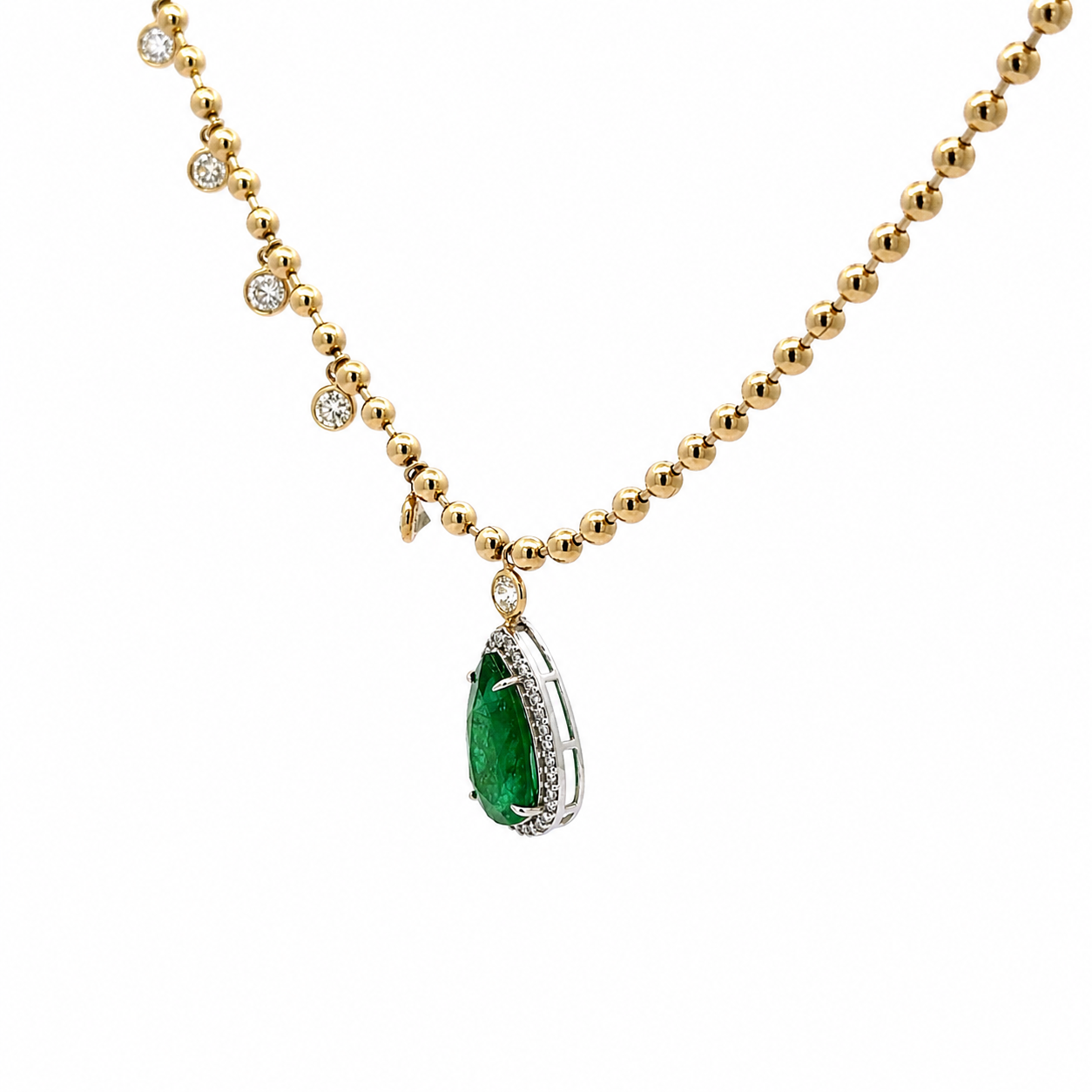 14K Solid Yellow Gold Beaded Chain with Pear Shaped Green Emerald and Dangling Diamonds