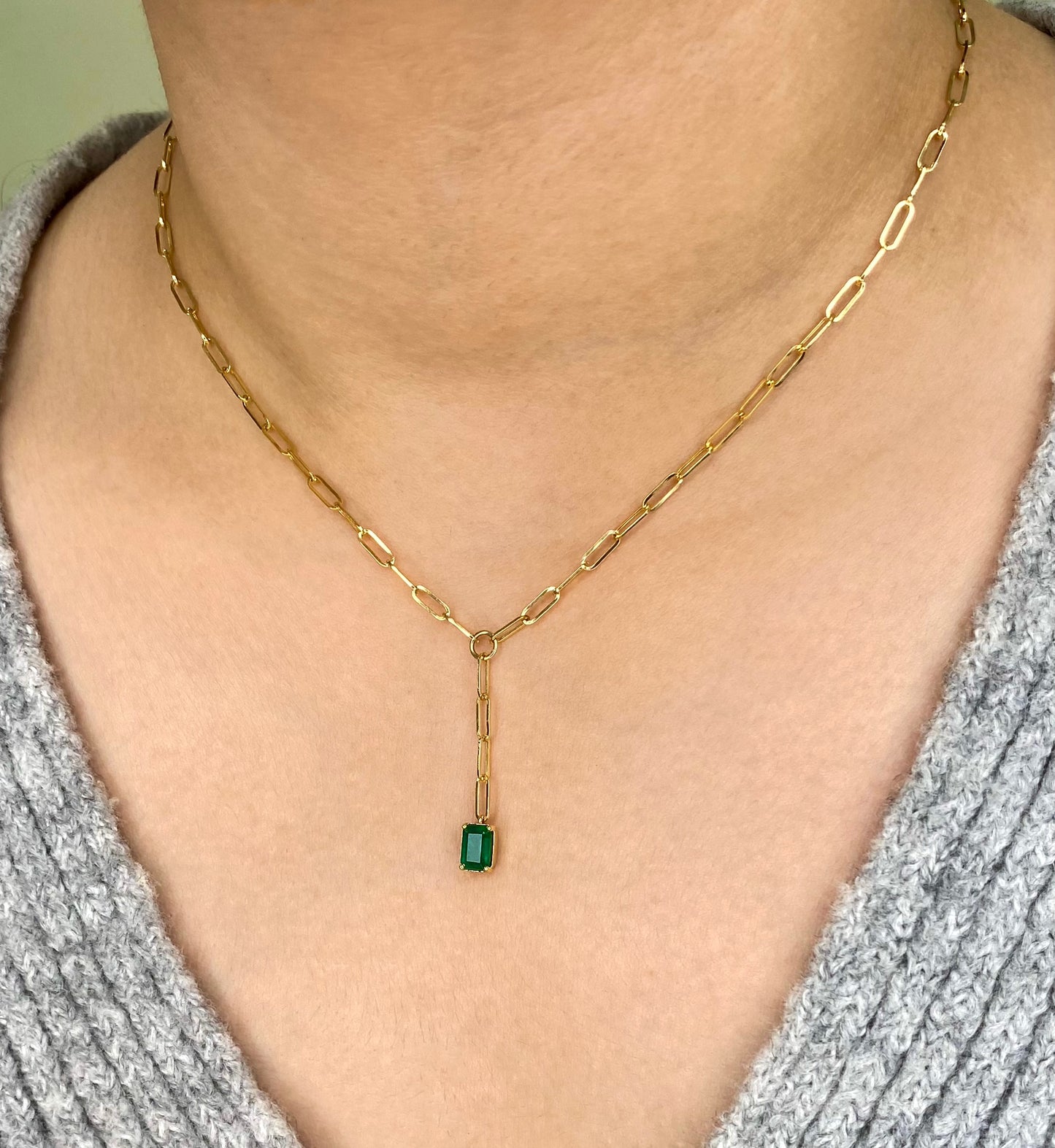 14K Yellow Gold Natural Emerald Gemstone Paperclip Lariat Necklace