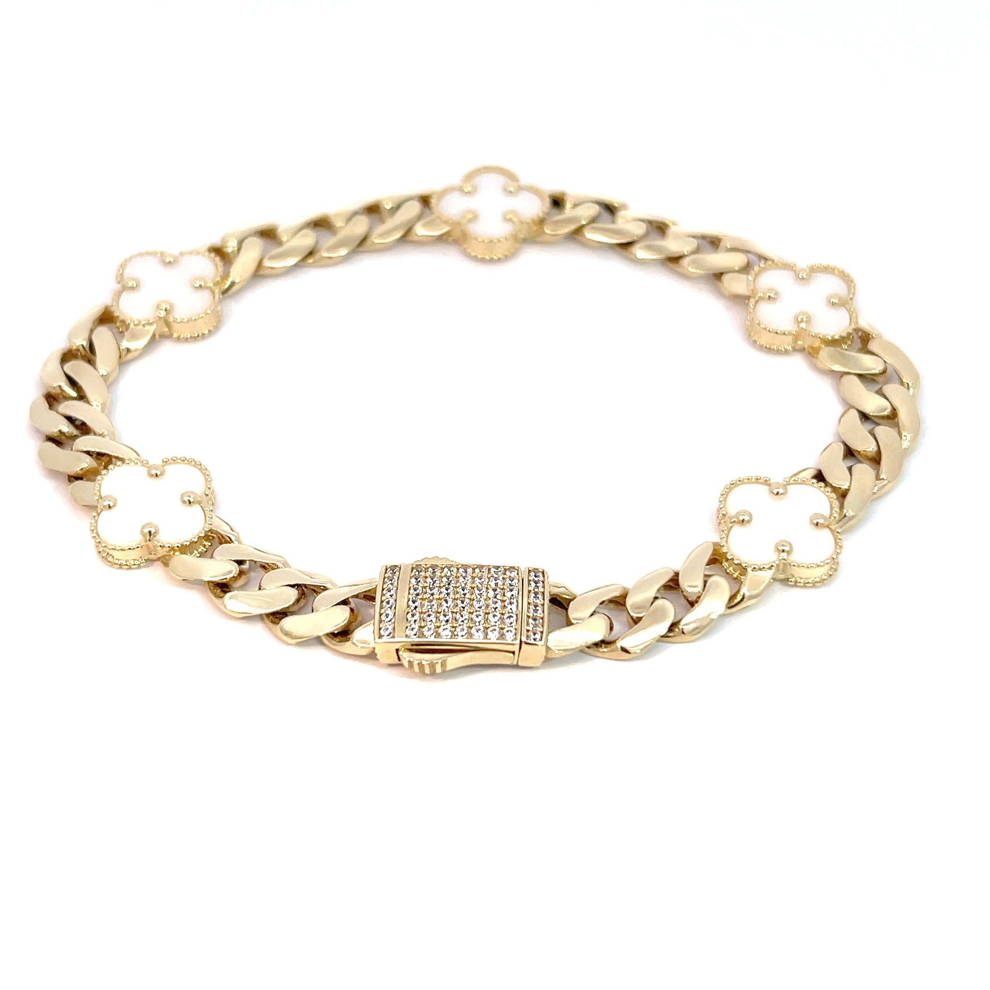 14K Yellow Gold Cuban Chain Black Clover Bracelet/ Cuban chain/ Cuban chain bracelet with diamonds/ Miami Cuban chain with diamonds and clovers/ black clover bracelet/ black clover Cuban bracelets/ white clover bracelet/ 