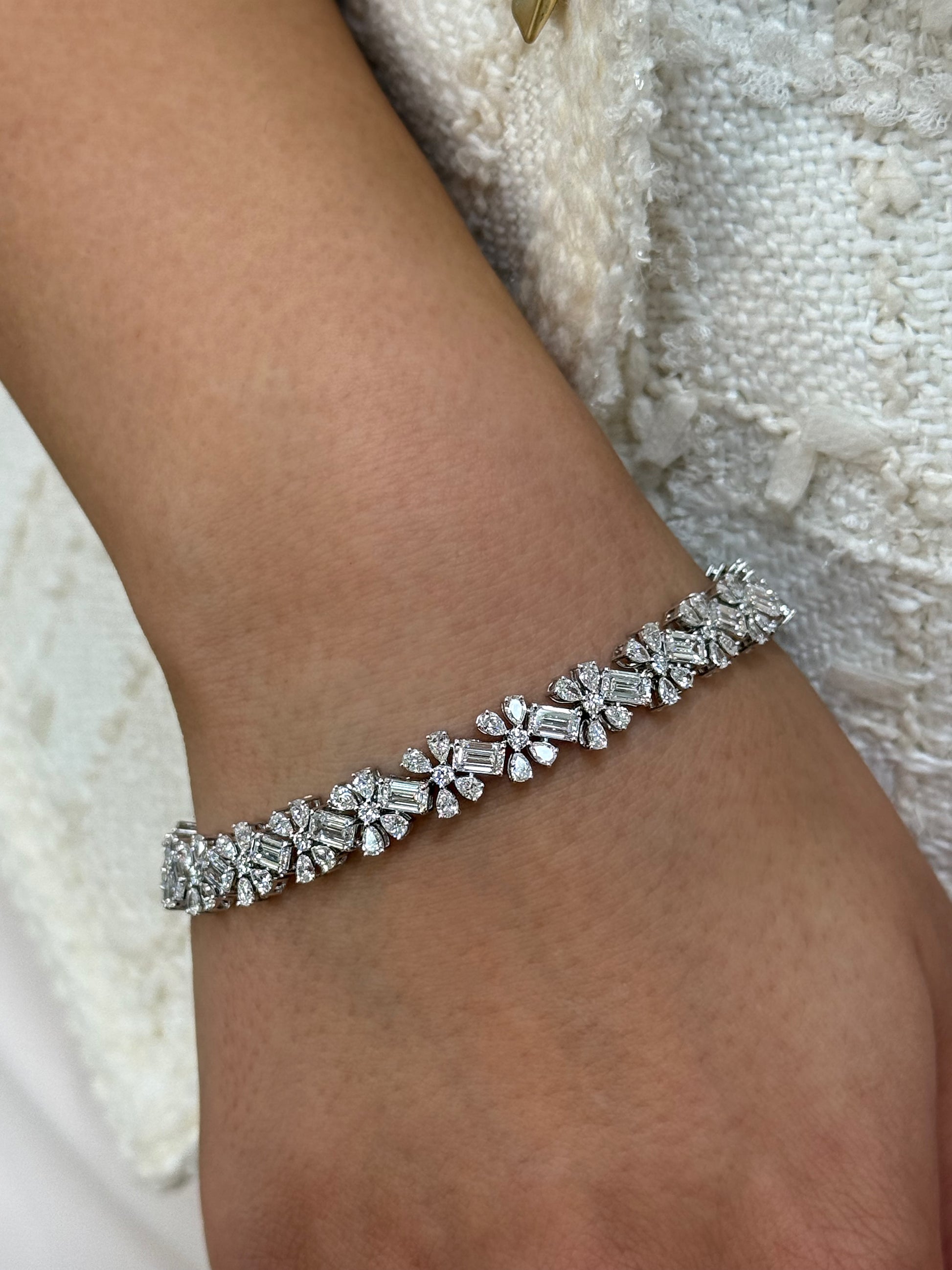 14K Solid White Gold Lab Grown Diamond Emerald Cut, Pear Shaped and Round Cluster Bracelet 