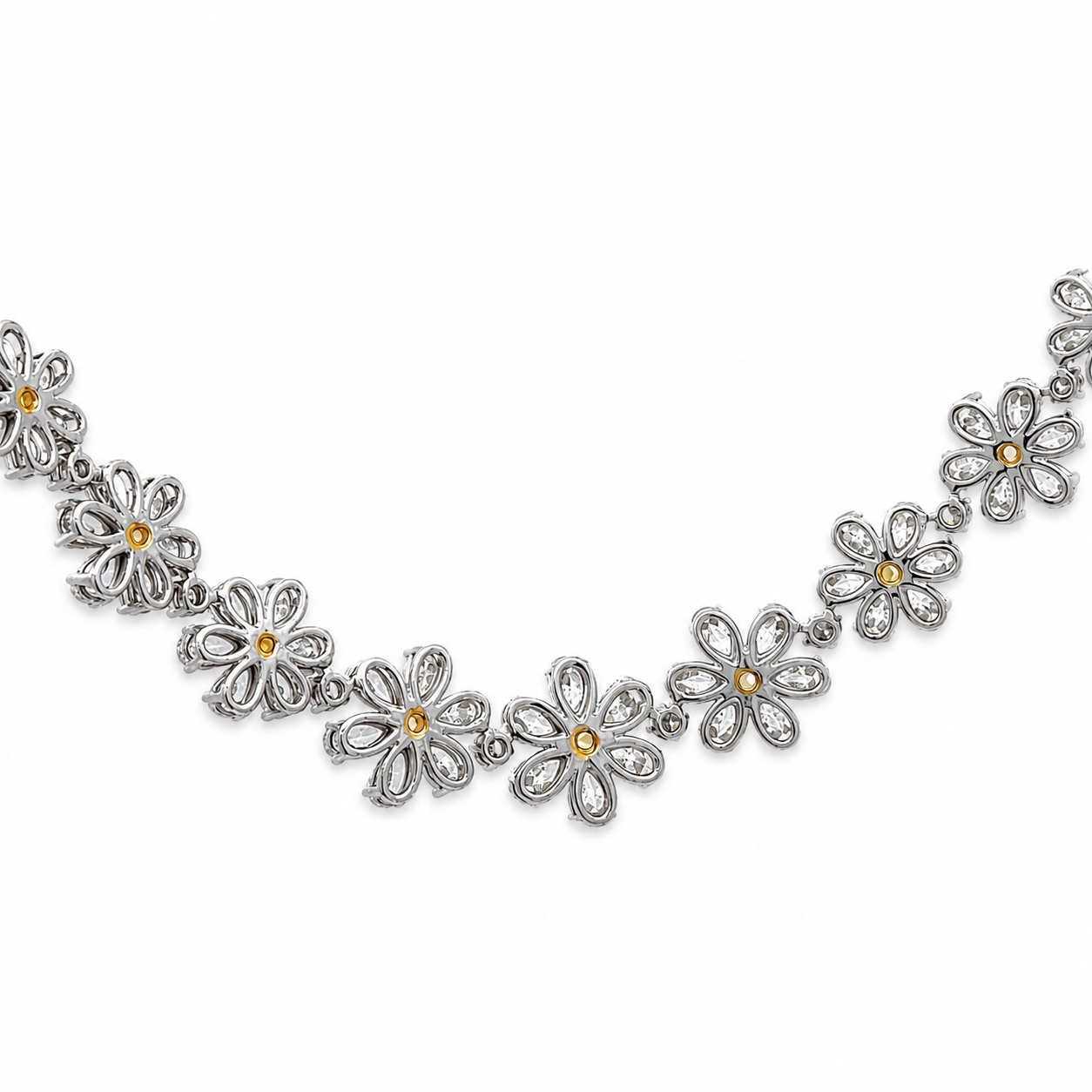 18K Solid White Gold Fancy Yellow and White Diamond Flower Necklace