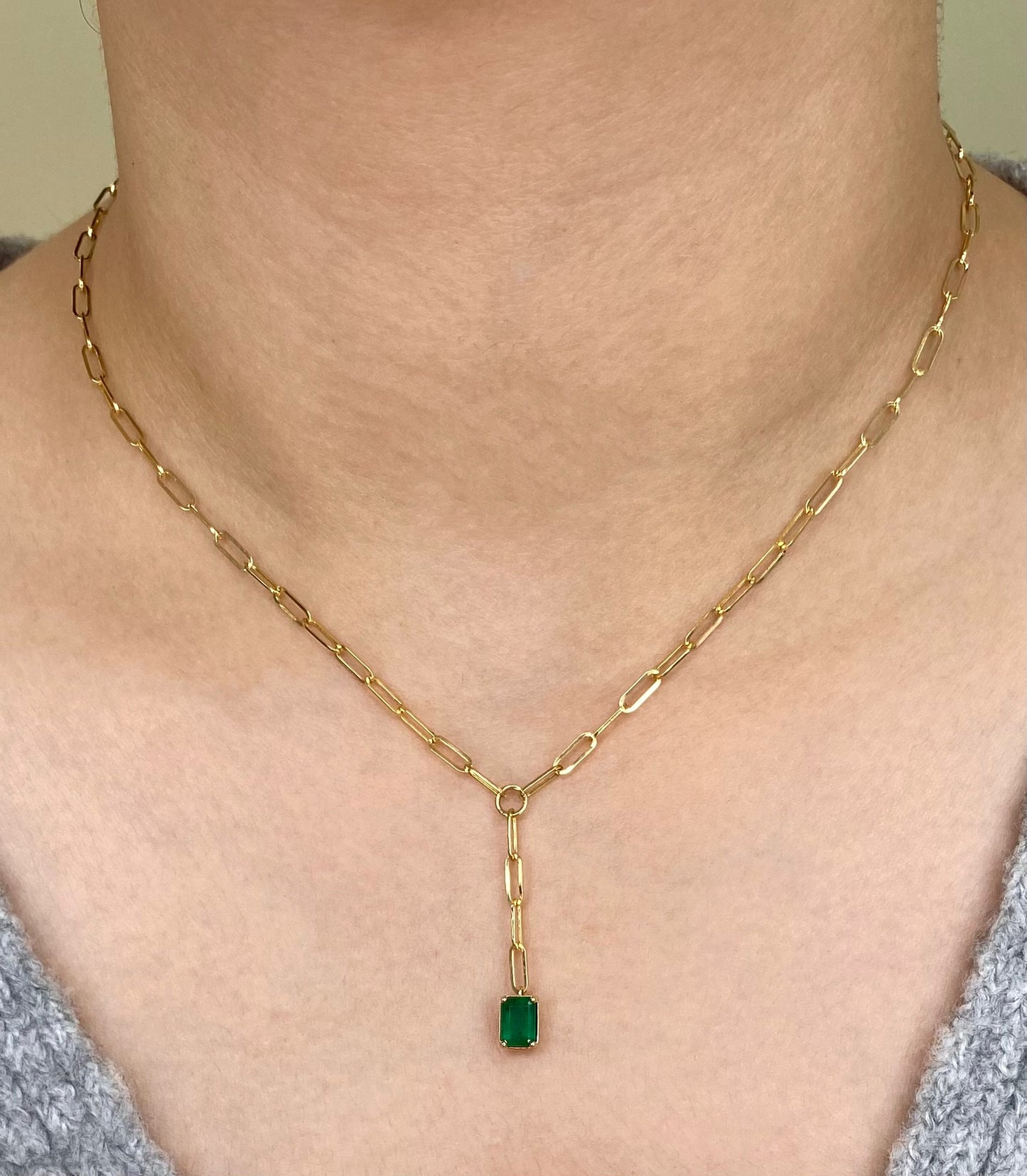 14K Yellow Gold Natural Emerald Gemstone Paperclip Lariat Necklace