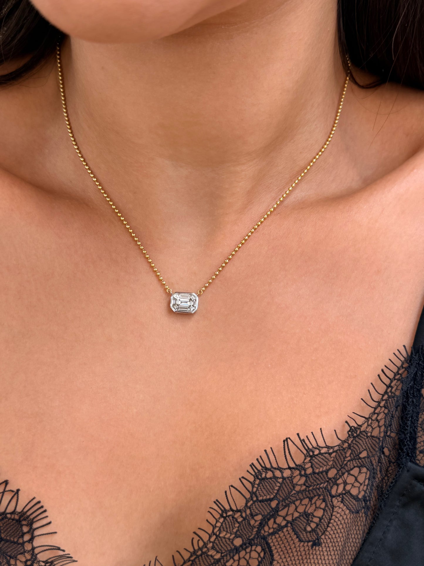 14K Solid Yellow Gold Beaded Chain with Baguette Diamond Pendant