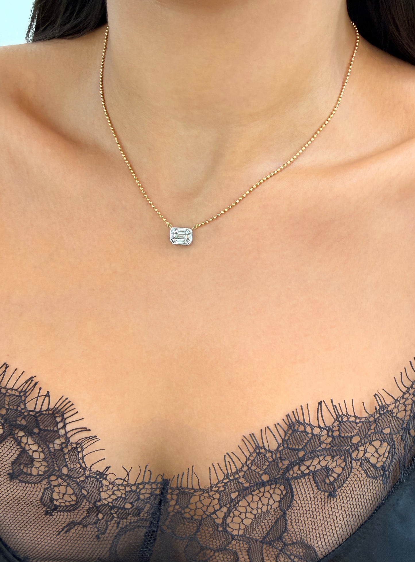 14K Solid Yellow Gold Beaded Chain with Baguette Diamond Pendant
