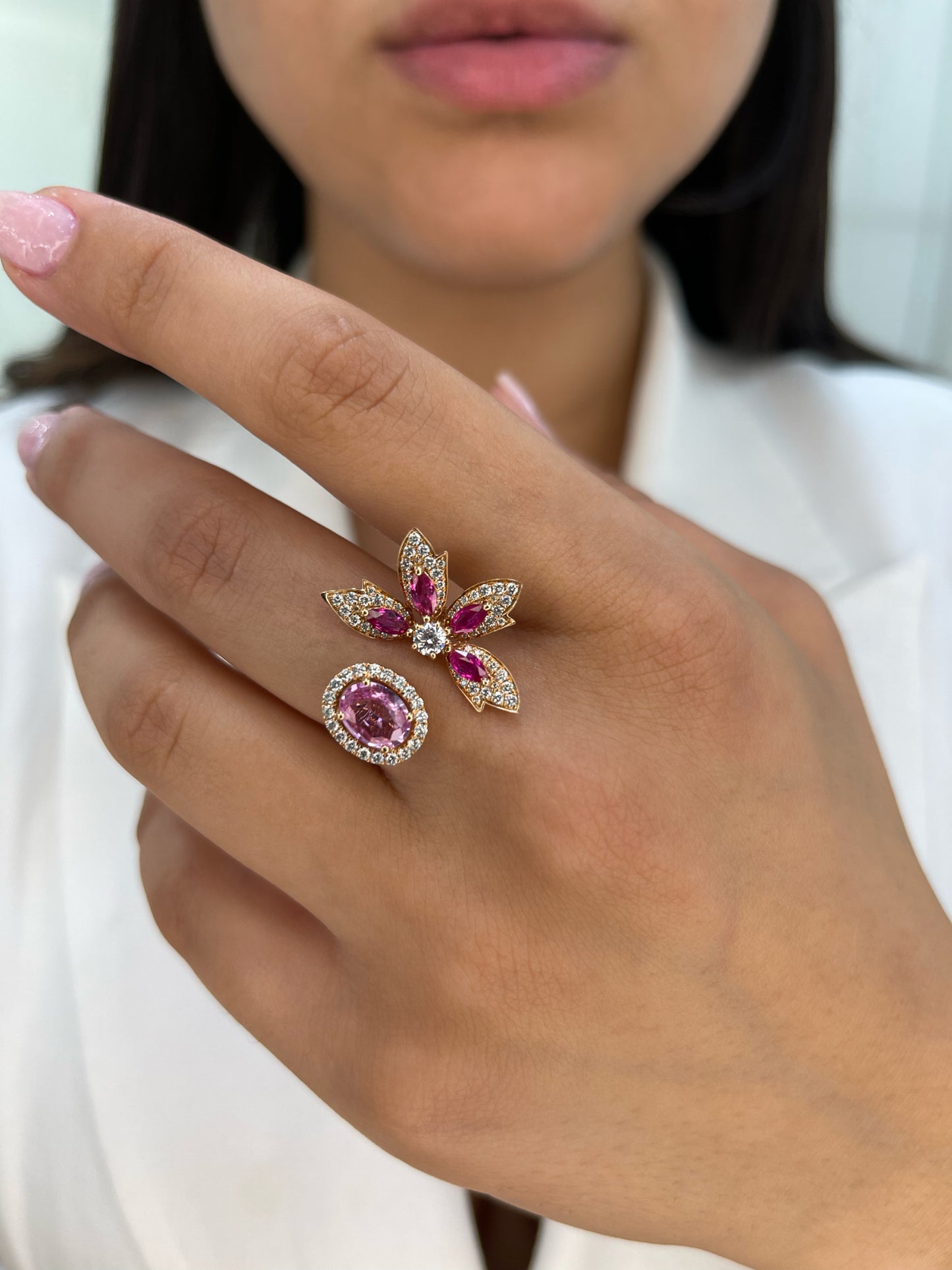 18K Rose Gold Natural Pink Sapphire and Diamond Open Statement Ring/ statement ring/ fancy diamond ring/ natural pink sapphire and diamond/ Oval Pink Sapphire ring/ Engagement Ring/ Fancy Diamond Ring/ Mon and Sun Ring/ Star Diamond Ring 