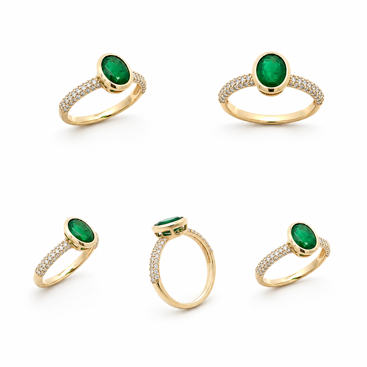 14K Solid Yellow Gold Green Emerald and Diamond Ring