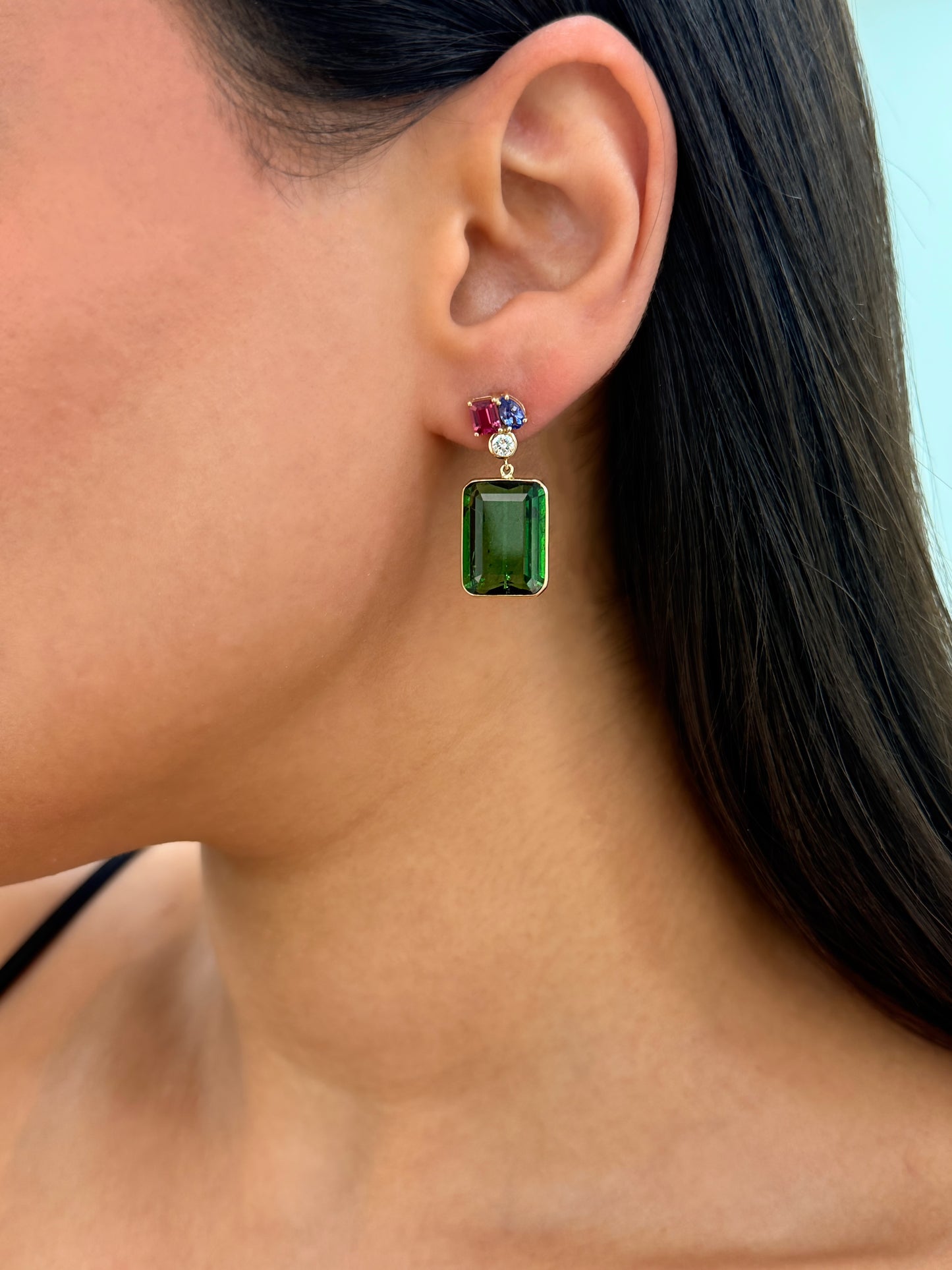 Fancy 14K Yellow Gold Tourmaline and Diamond Drop Earrings
