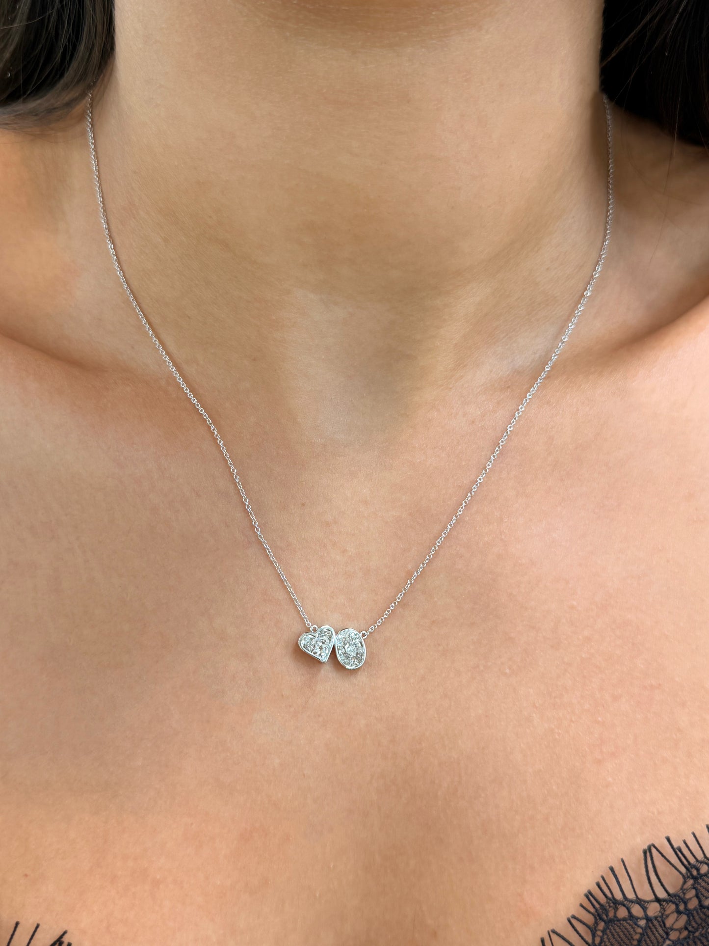 14K Solid White Gold Chain with Oval and Heart shape Baguette Diamond Pendant