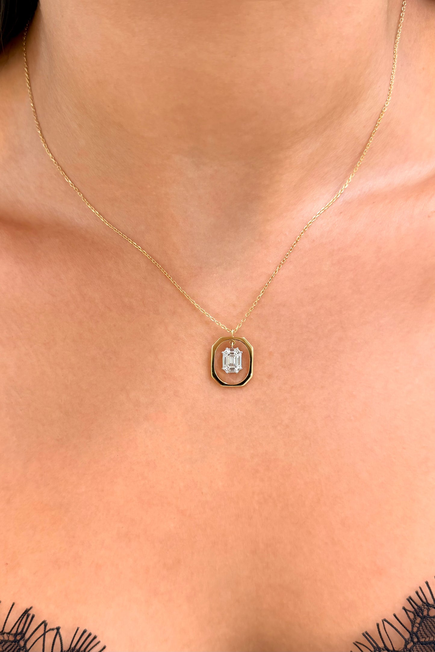 14K Solid Yellow Gold Chain with Baguette Diamond Pendant