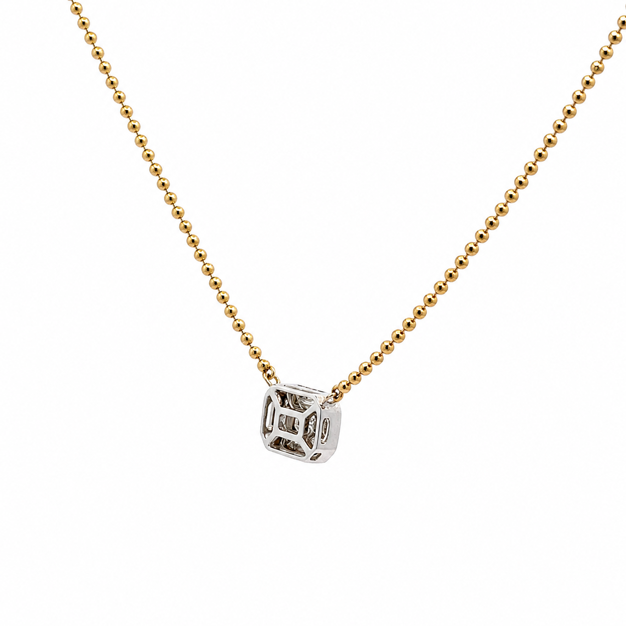 14K Solid Yellow Gold Beaded Chain with Baguette Diamond Pendant