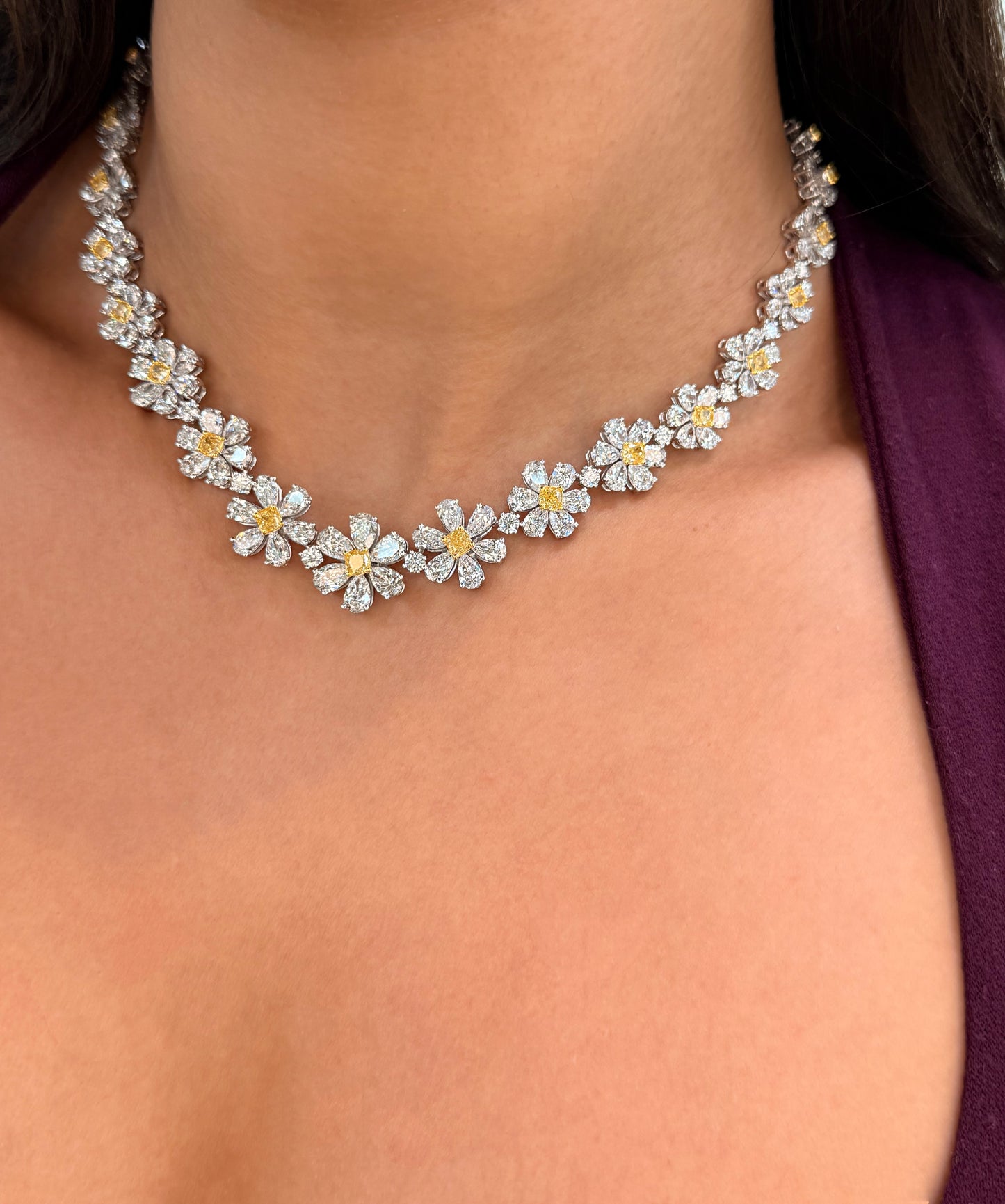 18K Solid White Gold Fancy Yellow and White Diamond Flower Necklace