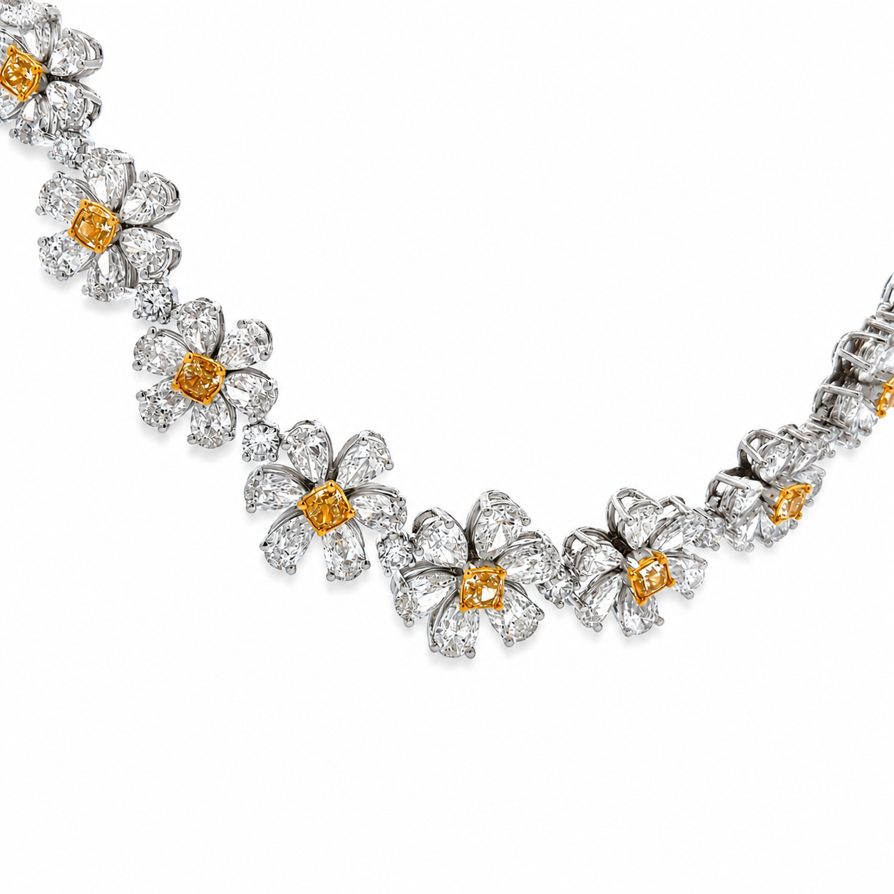 18K Solid White Gold Fancy Yellow and White Diamond Flower Necklace
