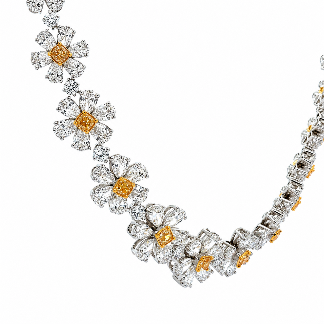 18K Solid White Gold Fancy Yellow and White Diamond Flower Necklace